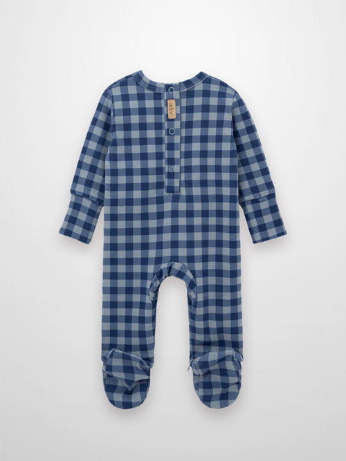 Blue gingham baby footed romper with back snaps and hidden leg zipper, sun embroidery and Adee script front.