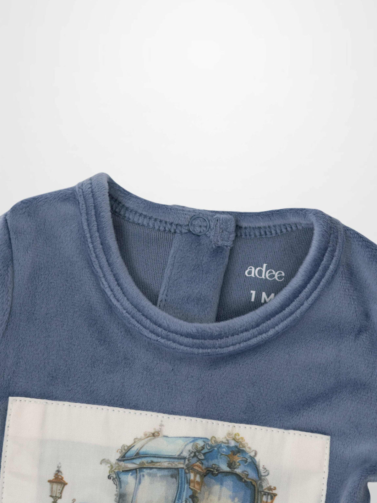 Velour Carriage Stretchy by Adee, blue velour boys stretchies with illustrated carriage patch