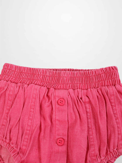 Pink denim paneled bloomers with elastic waistband and front pink buttons.