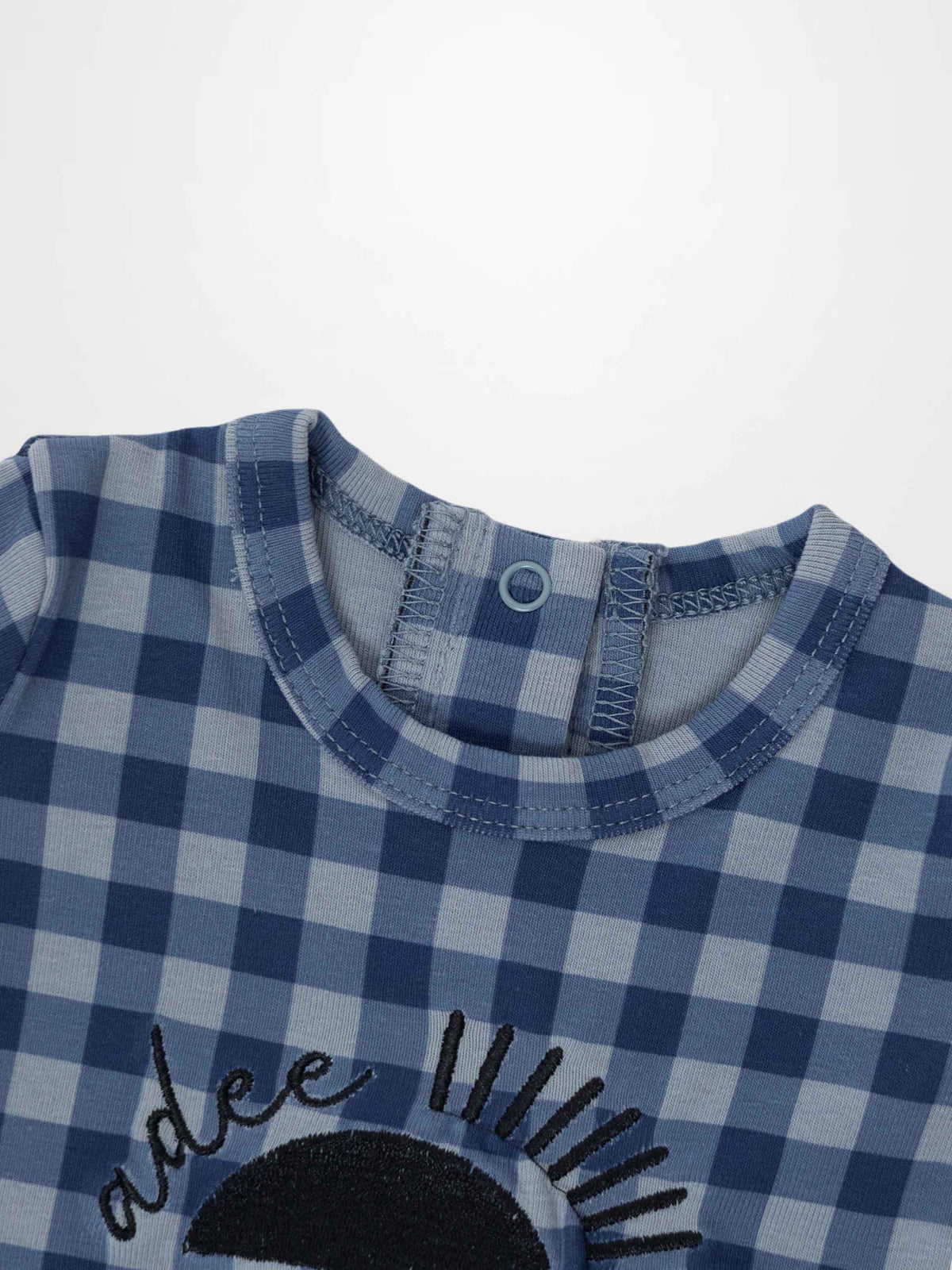 Blue gingham baby footie with sun embroidery and &