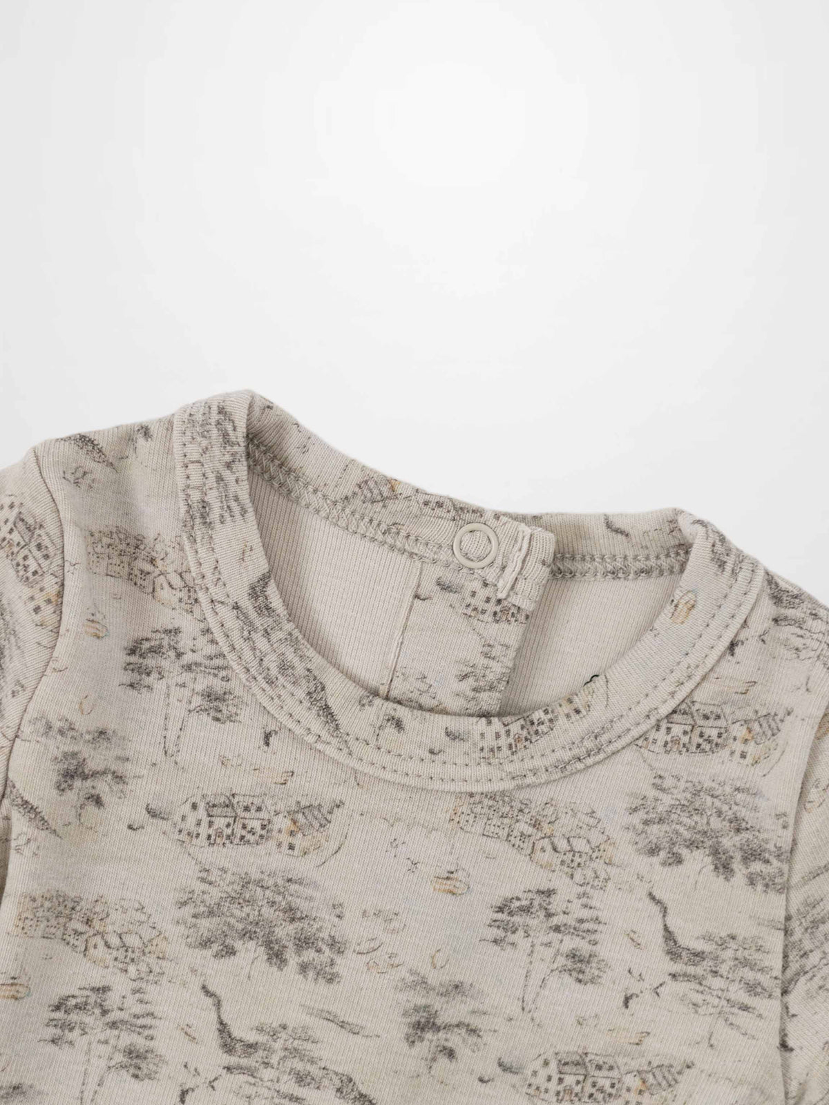 round neck baby jumpsuit  for boys with brown printed vintage houses and trees 