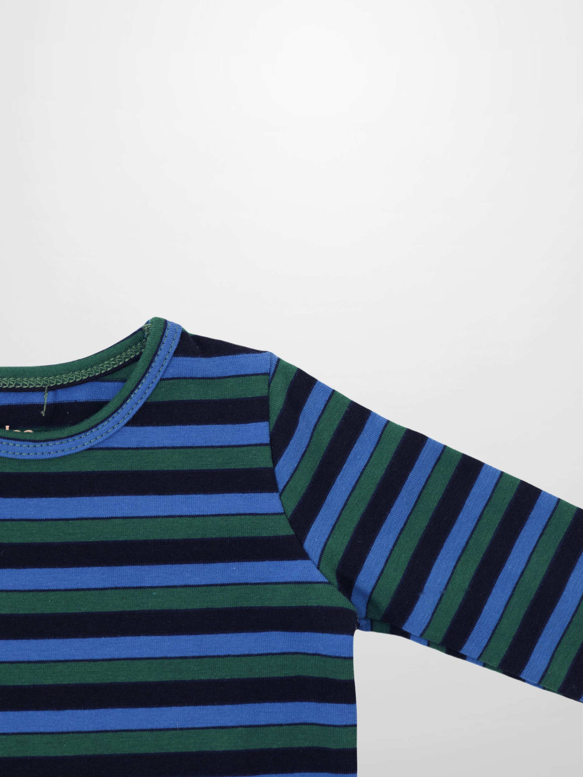 Blue, green, and navy striped long-sleeve crew-neck T-shirt for kids.