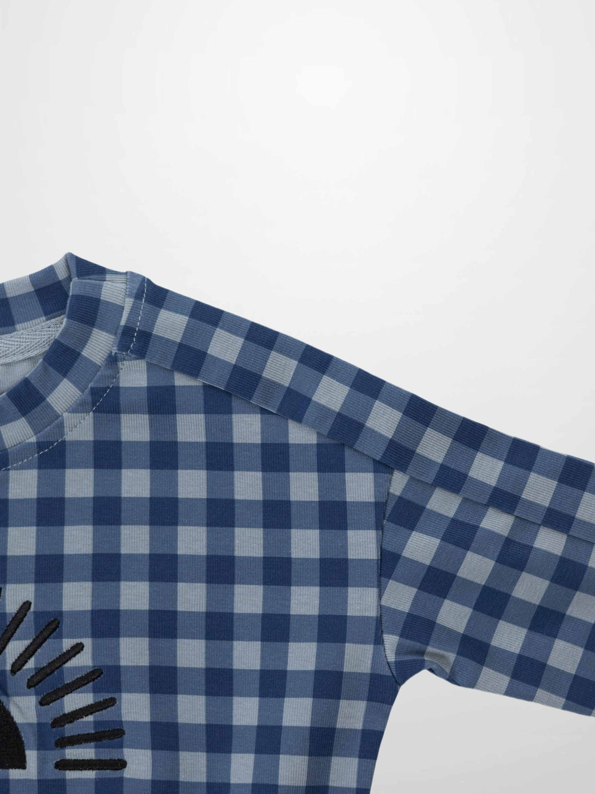 Gingham Pajamas - Blue top with blue and navy checks, short sleeves, and black embroidery.