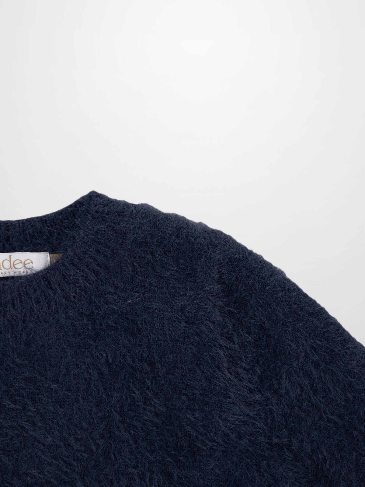 Mohair sweater for girls, navy blue plush fuzzy knit; Adee brand.