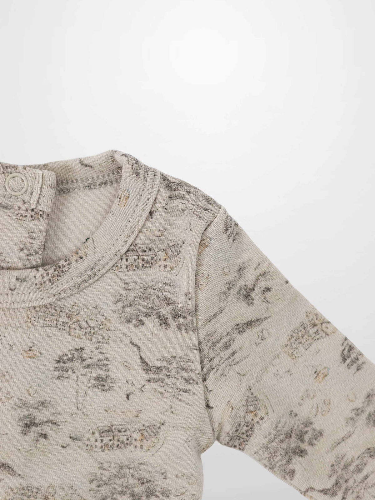 well fitted baby jumpsuit with a variety of sizes with printed sketched houses trees  