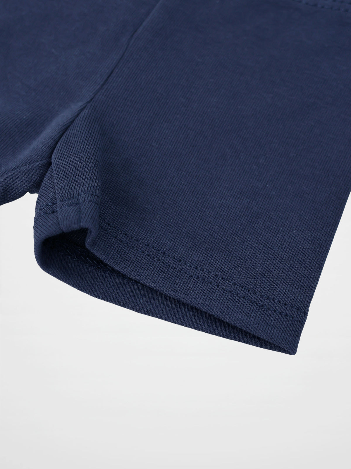 Biker shorts non-ribbed navy fabric, close-up hem detail