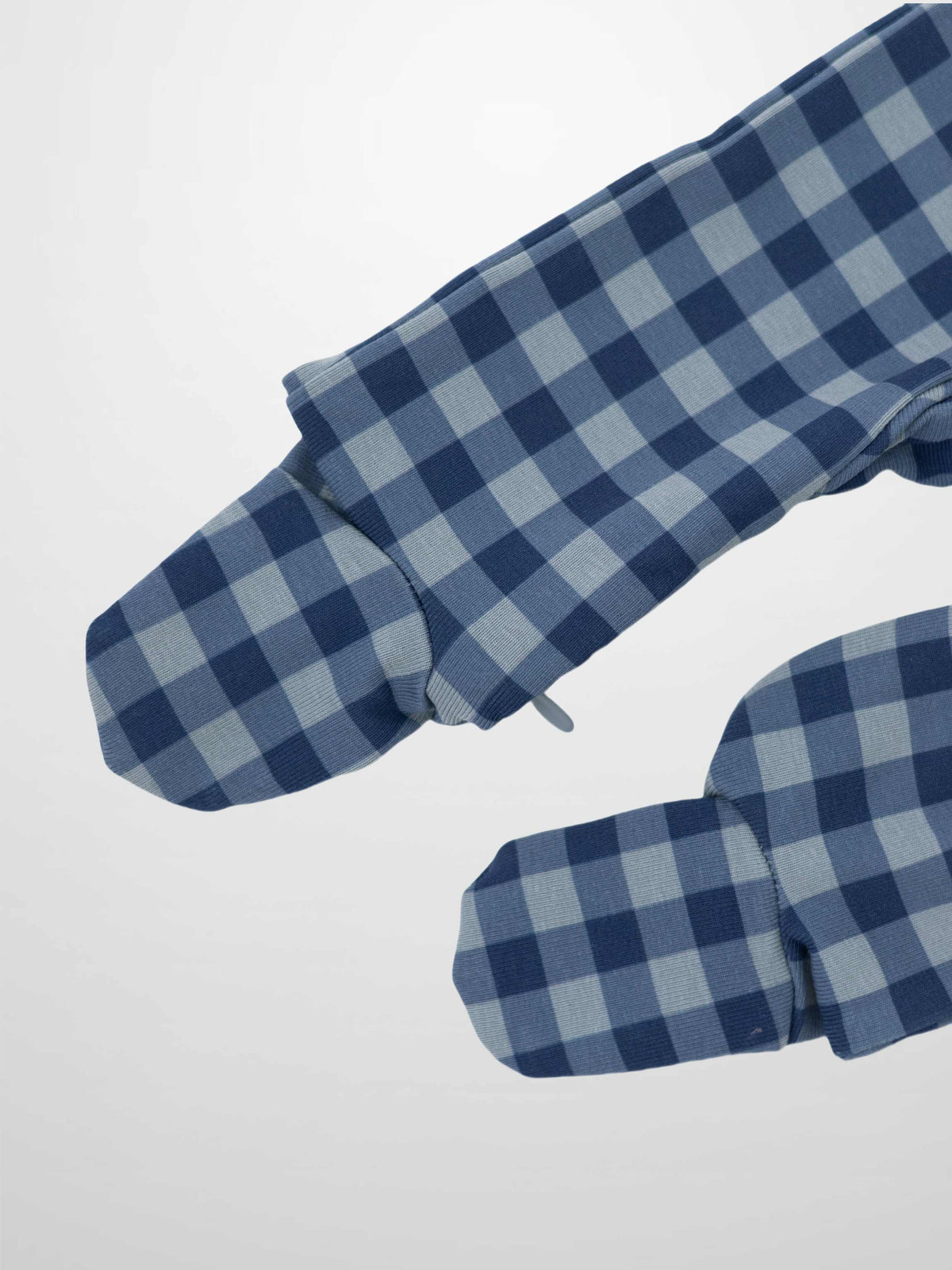 Blue gingham stretchy baby footie with footed design in soft breathable fabric.