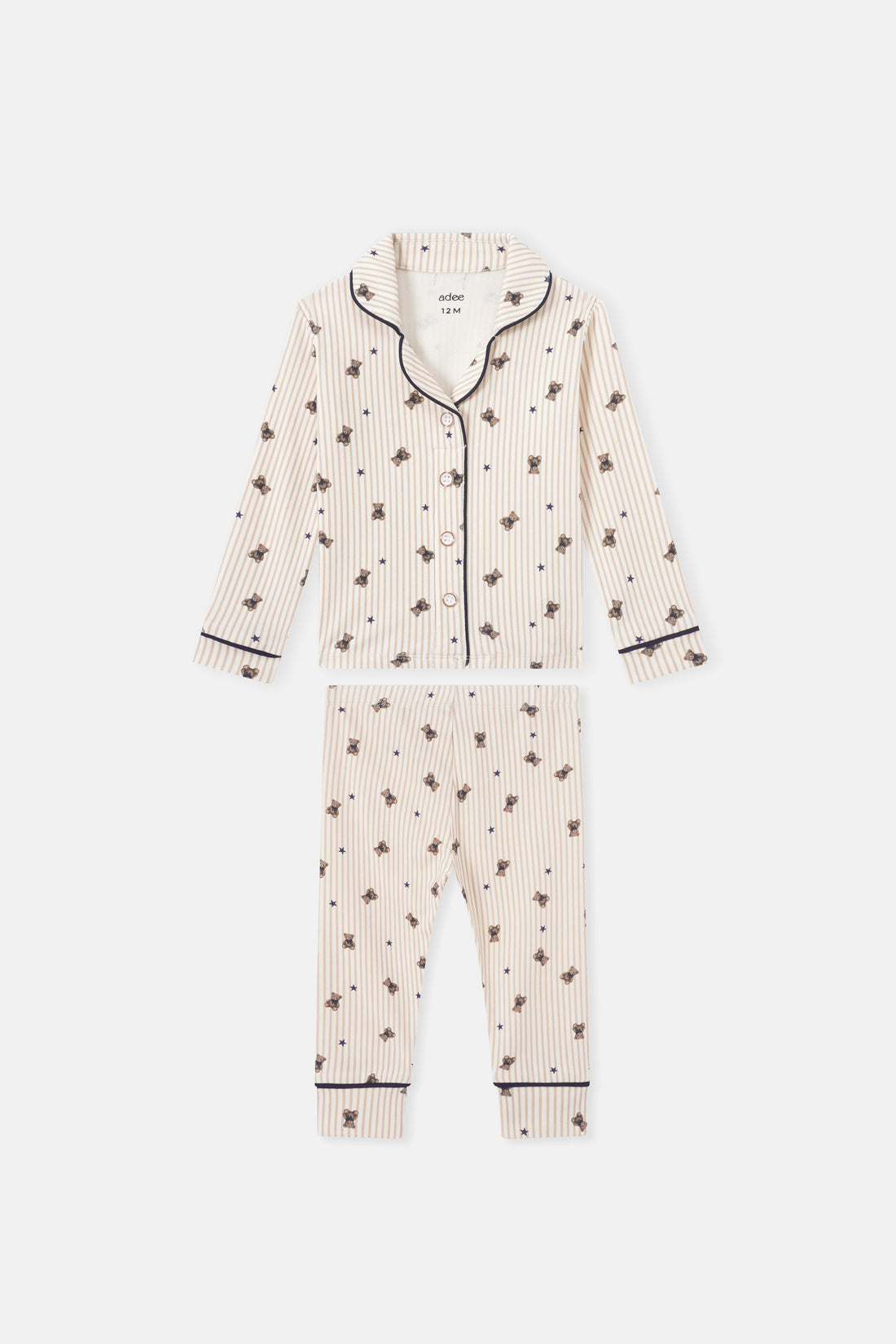 Adee Striped Bear Pajamas for boys; cream beige with navy piping and bear print set (top + bottoms).