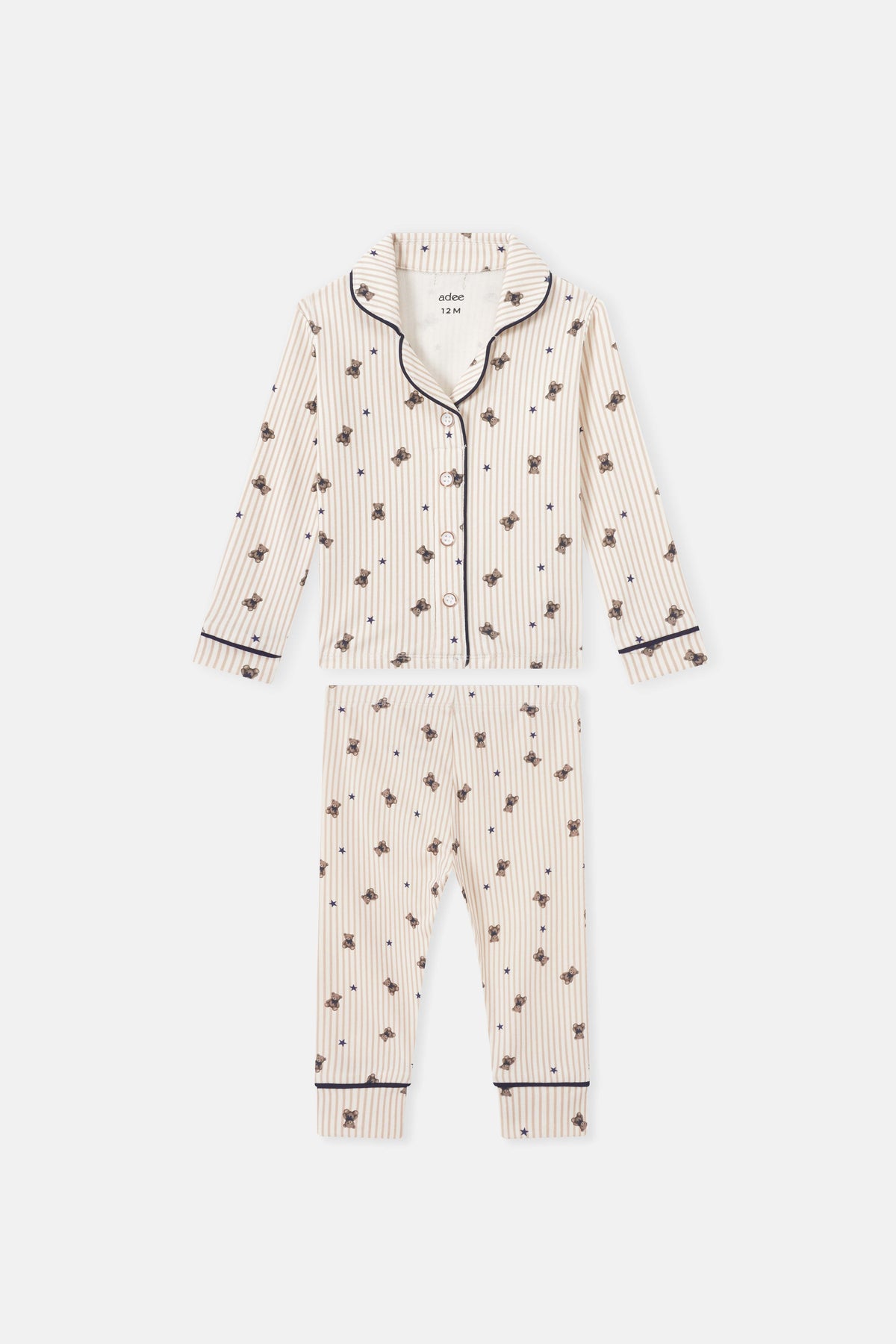 Adee Striped Bear Pajamas for boys; cream beige with navy piping and bear print set (top + bottoms).