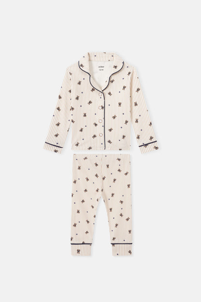 Adee Striped Bear Pajamas for boys; cream beige with navy piping and bear print set (top + bottoms).