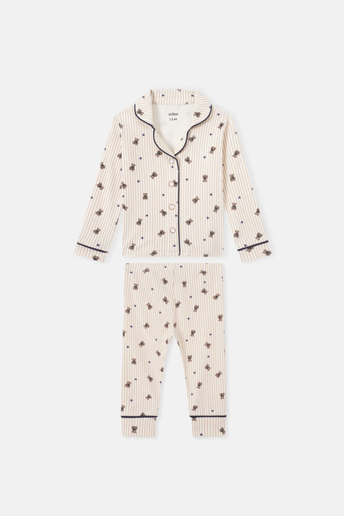 Adee Striped Bear Pajamas for boys; cream beige with navy piping and bear print set (top + bottoms).