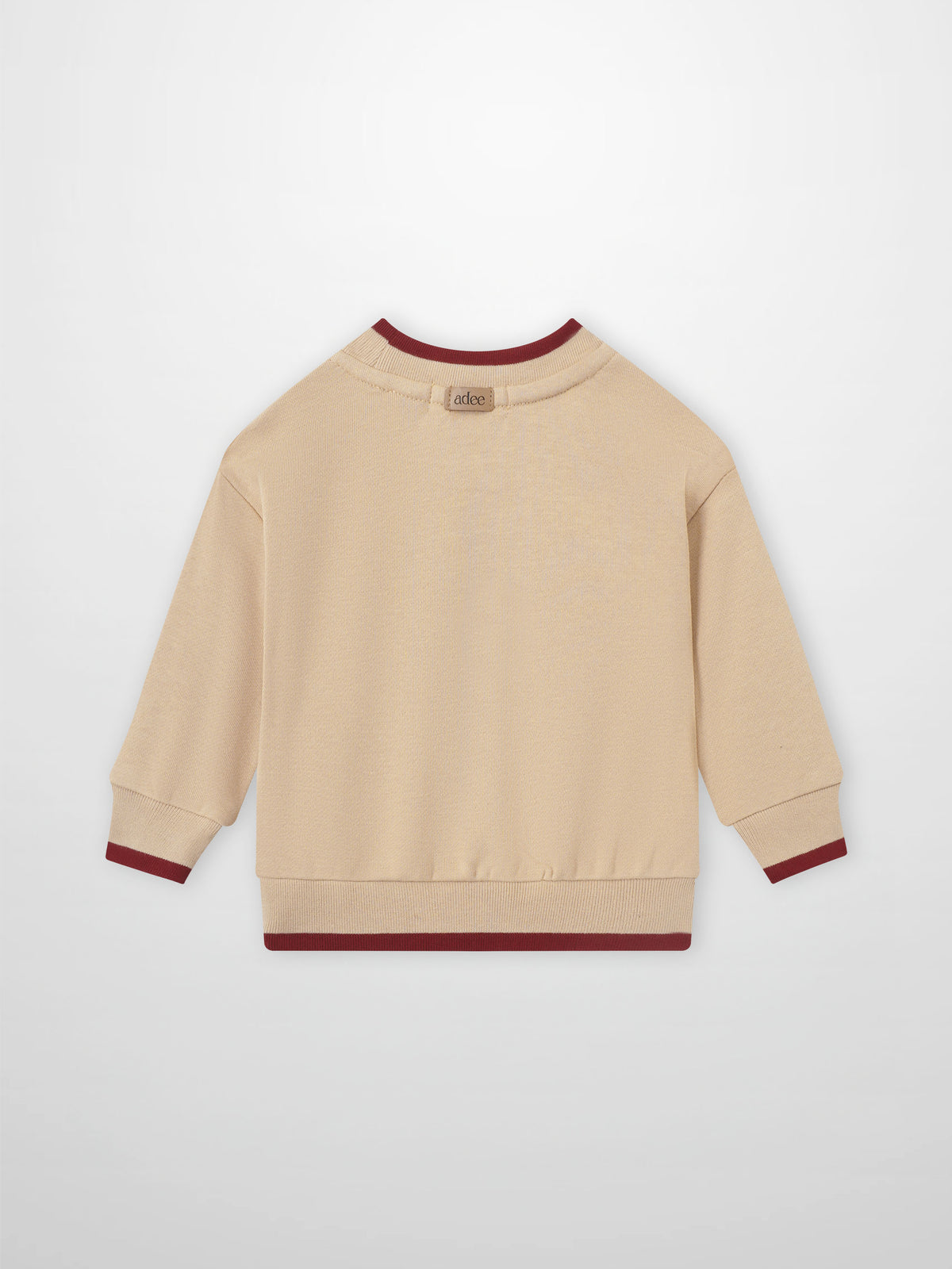 Embroidered Tulip Sweatshirt, girls tops by Adee, beige knit with maroon cuffs and hem.