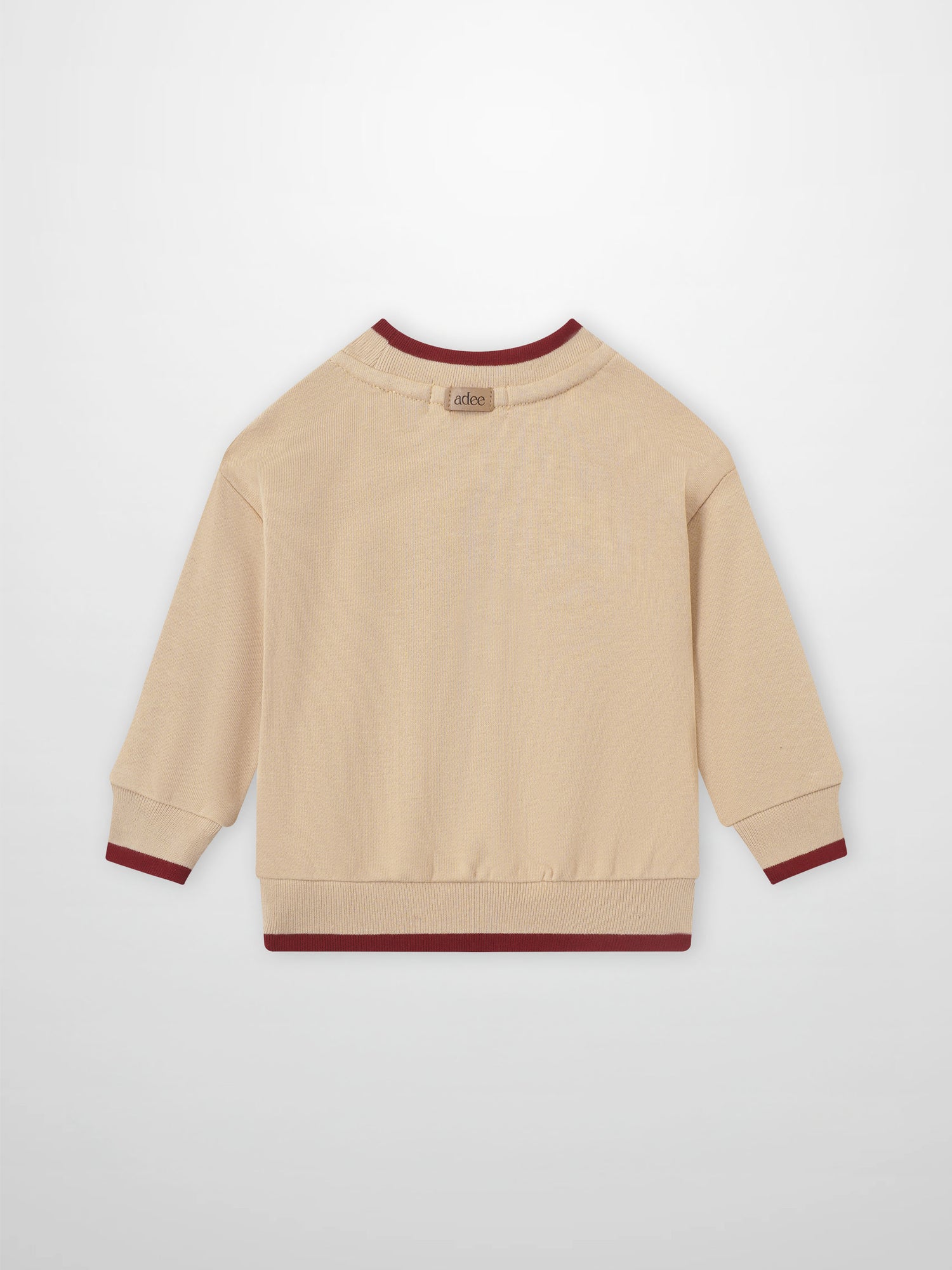 Embroidered Tulip Sweatshirt, girls tops by Adee, beige knit with maroon cuffs and hem.