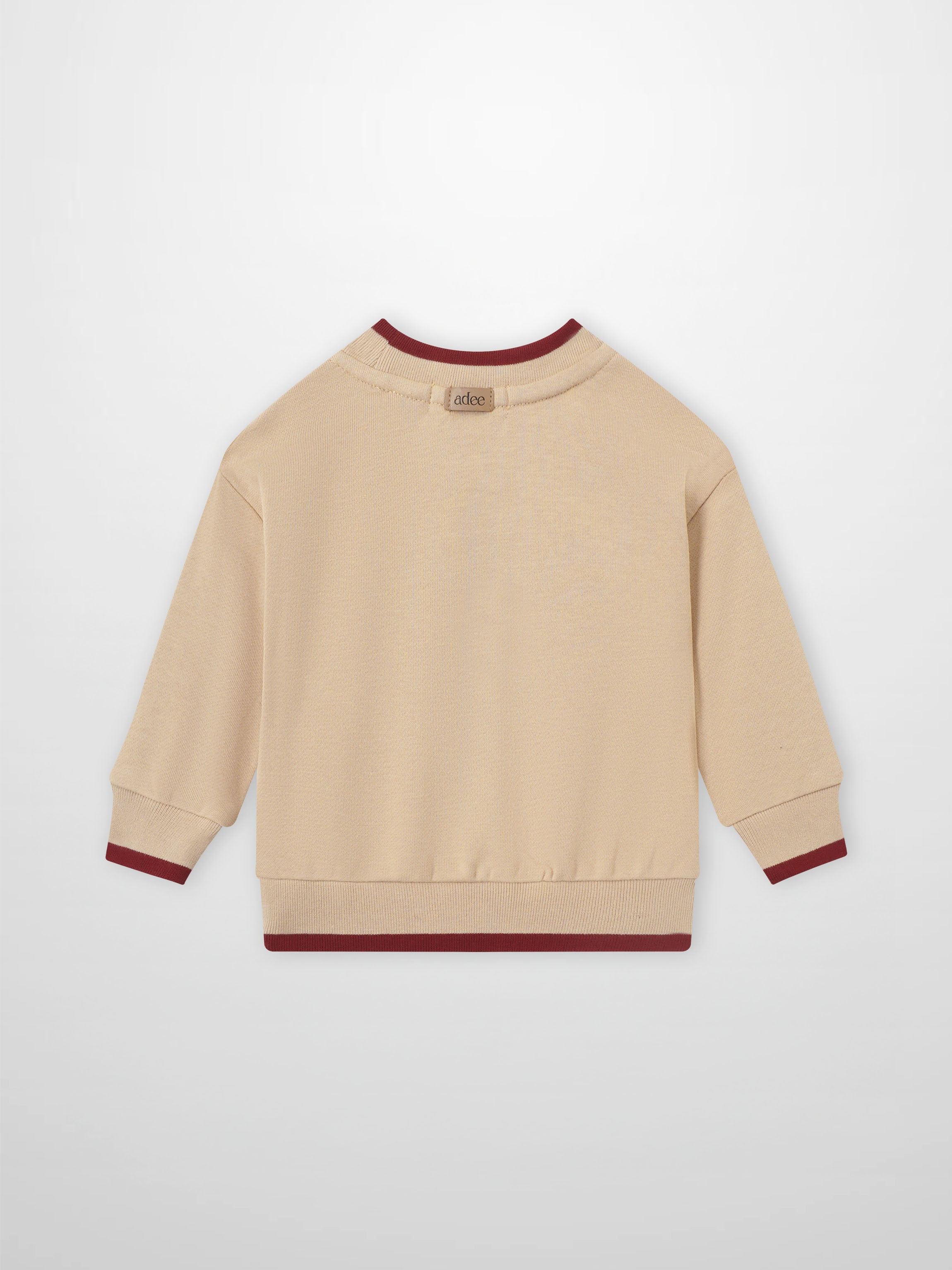 Embroidered Tulip Sweatshirt, girls tops by Adee, beige knit with maroon cuffs and hem.