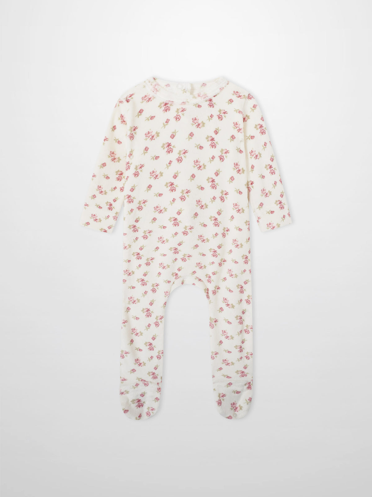 Tiny Blossom layette set sleeper, cream fabric with pink floral print, long-sleeve and footed.