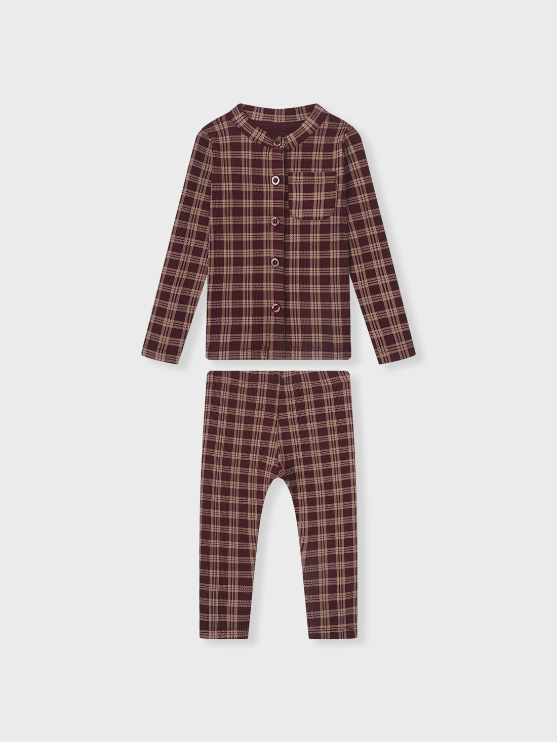 Girls two-piece plaid burgundy pajamas set by Adee with button-front top and matching pants