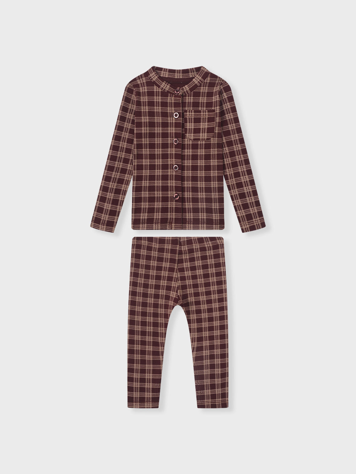 Girls two-piece plaid burgundy pajamas set by Adee with button-front top and matching pants