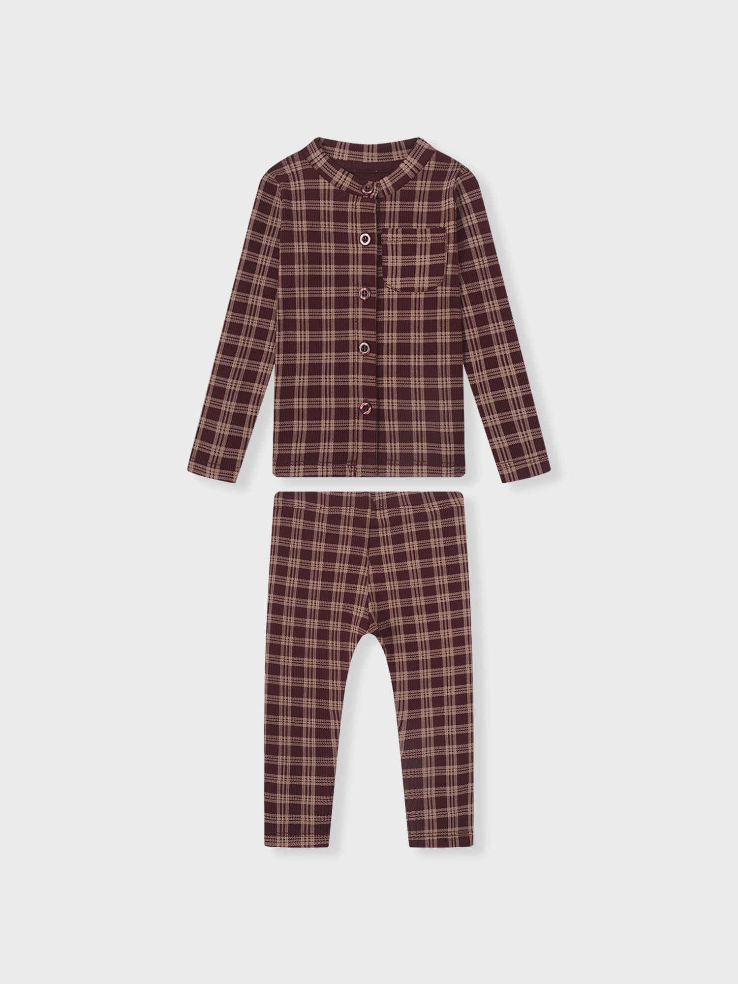 Girls two-piece plaid burgundy pajamas set by Adee with button-front top and matching pants