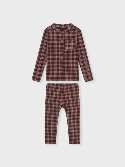 Girls two-piece plaid burgundy pajamas set by Adee with button-front top and matching pants