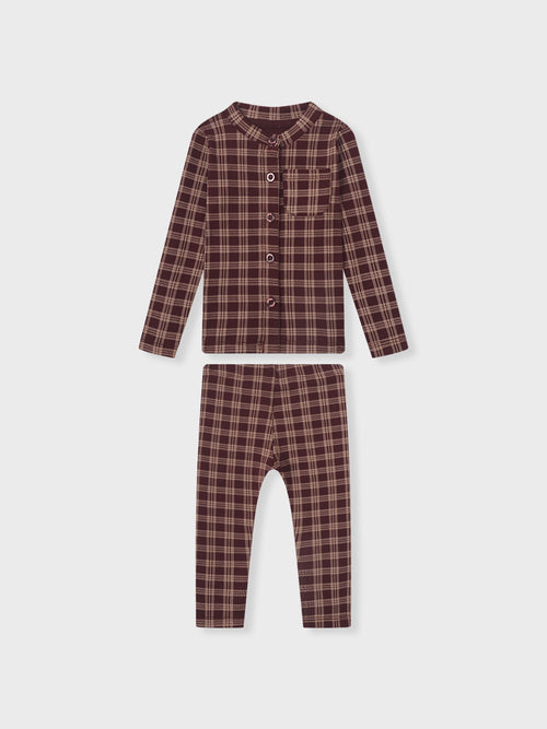 Girls two-piece plaid burgundy pajamas set by Adee with button-front top and matching pants