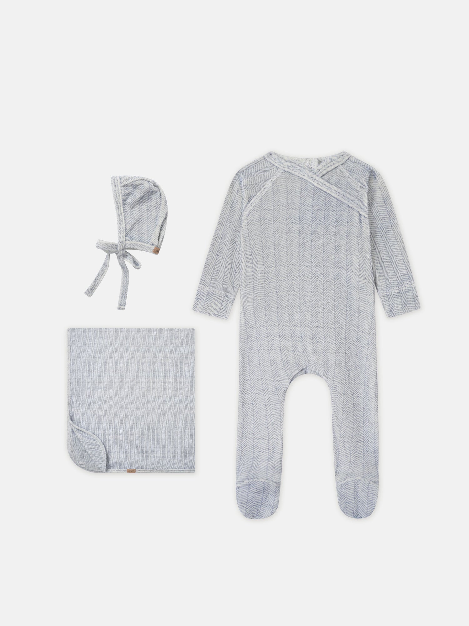 Heritage Herringbone Blue layette set by Adee; 4-piece baby set including hat, blanket, wrap and footed romper in blue herringbone.