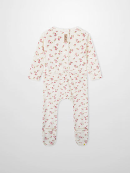 Tiny Blossom Stretchy romper by Adee in cream with pink floral print.