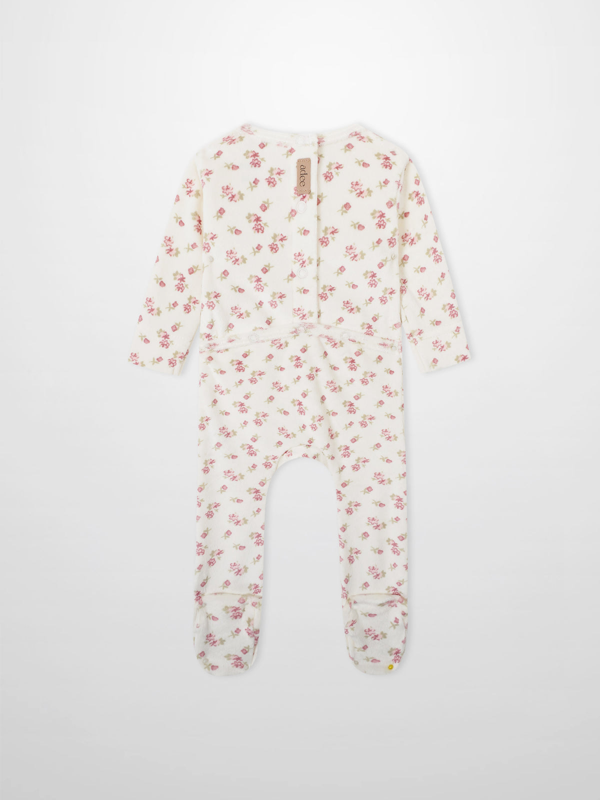 Tiny Blossom Layette Set by Adee; cream footed romper with pink floral print