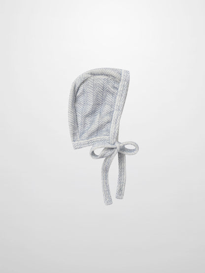 Heritage Herringbone Bonnet for boys in blue by Adee, with tie strings.