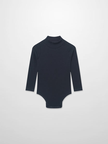 Ribbed mock-neck navy bodysuit by Adee, unisex dressy top