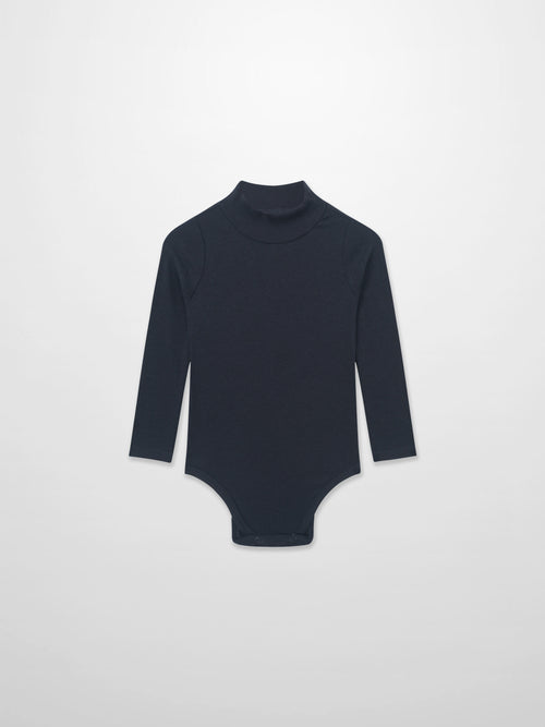 Ribbed mock-neck navy bodysuit by Adee, unisex dressy top