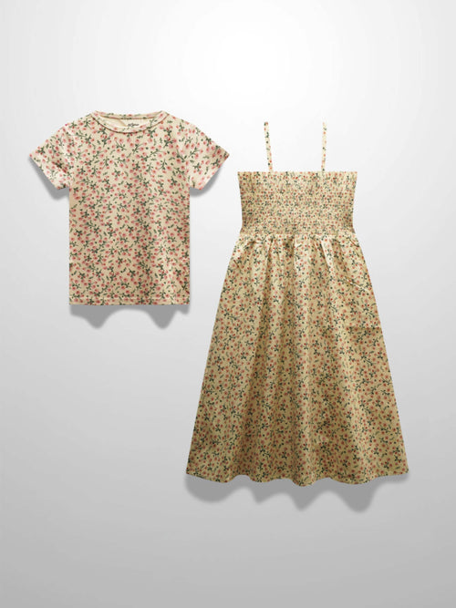 Floral matching set: light tan short-sleeve top with smocked bodice and pink-green floral maxi with adjustable straps.