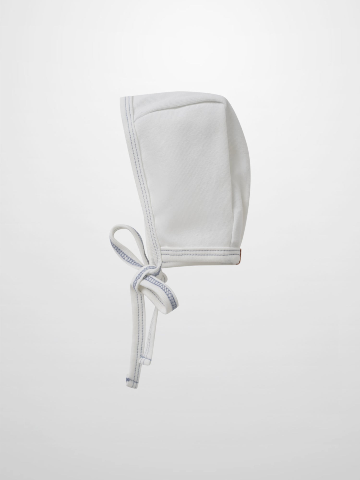 Mini Gallery Bonnet for boys, white fabric with blue stitched trim and tie strings