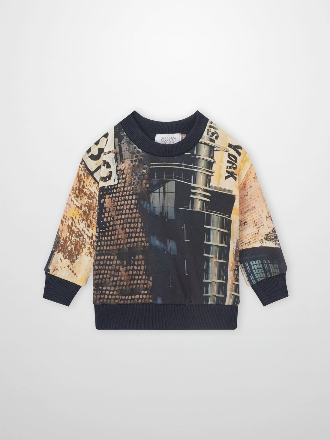 Skyscraper Sweatshirt for boys by Adee; cityscape print with navy ribbed collar and cuffs.