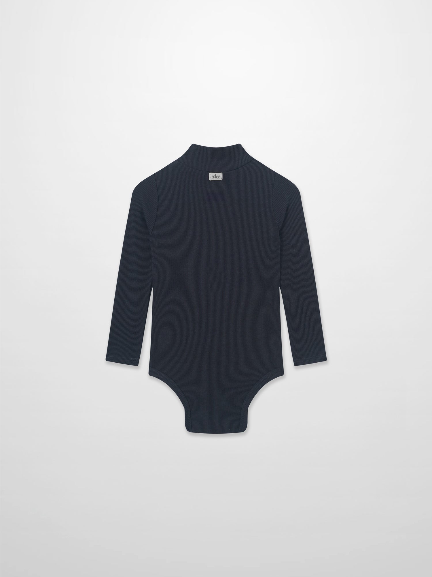 Ribbed navy mock-neck bodysuit by Adee, unisex dressy top