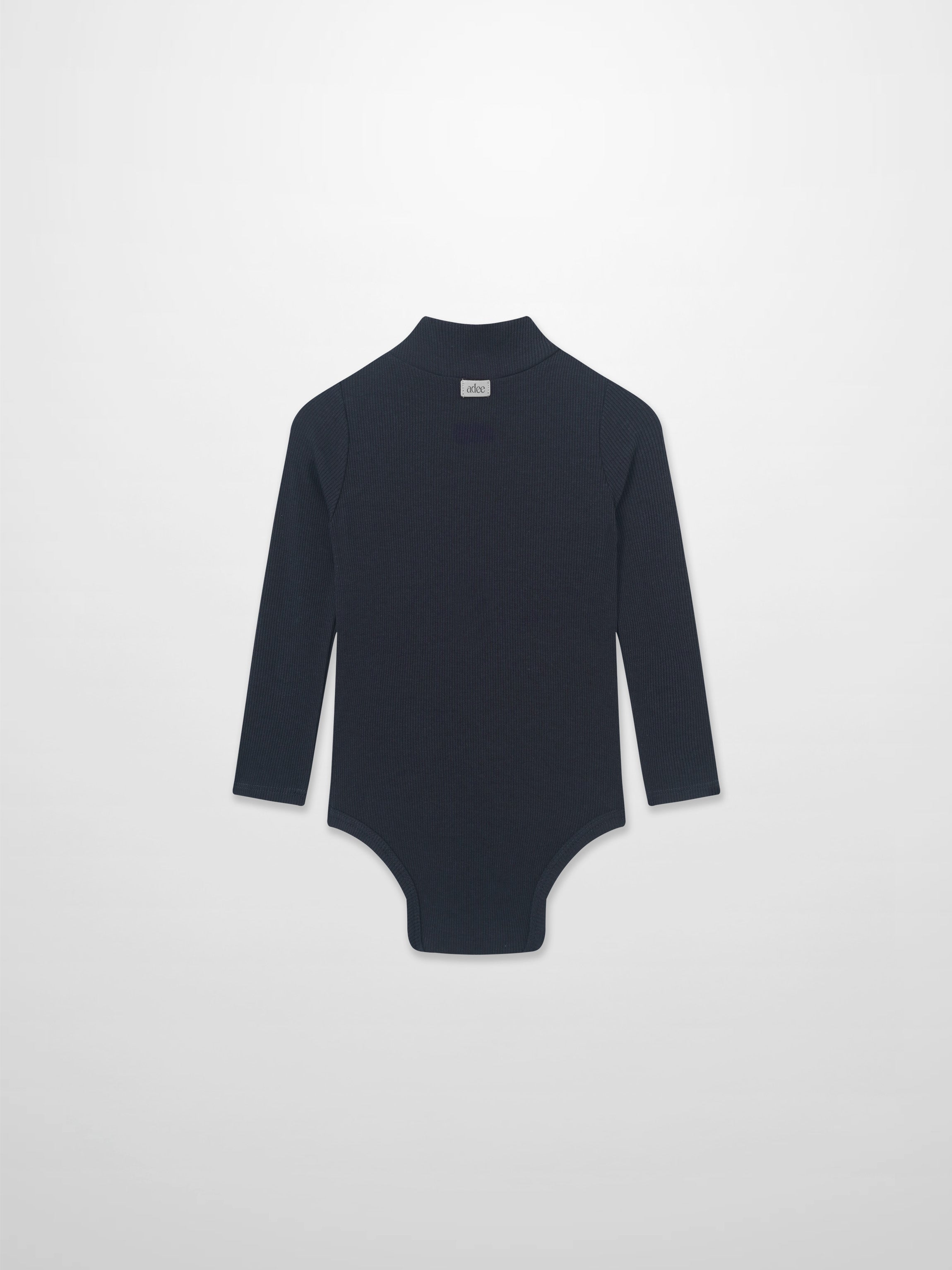 Ribbed navy mock-neck bodysuit by Adee, unisex dressy top