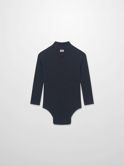 Ribbed navy mock-neck bodysuit by Adee, unisex dressy top