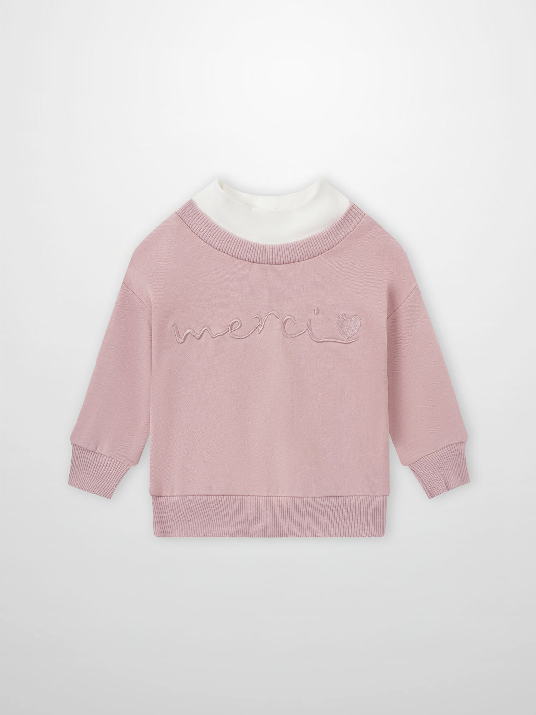 Contrast pink mock-neck sweatshirt for girls by Adee, with white collar and embroidered merci motif.