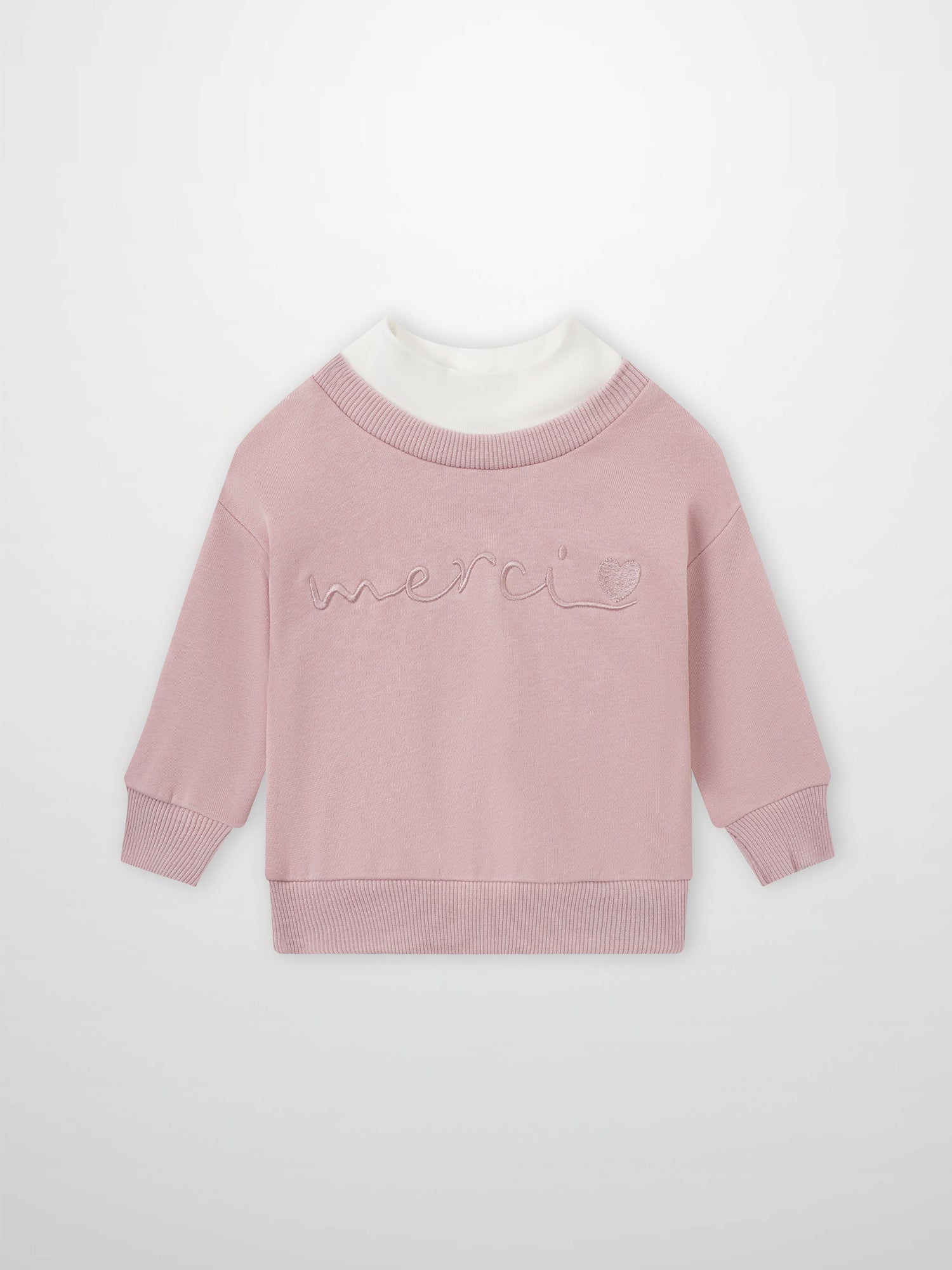 Contrast pink mock-neck sweatshirt for girls by Adee, with white collar and embroidered merci motif.