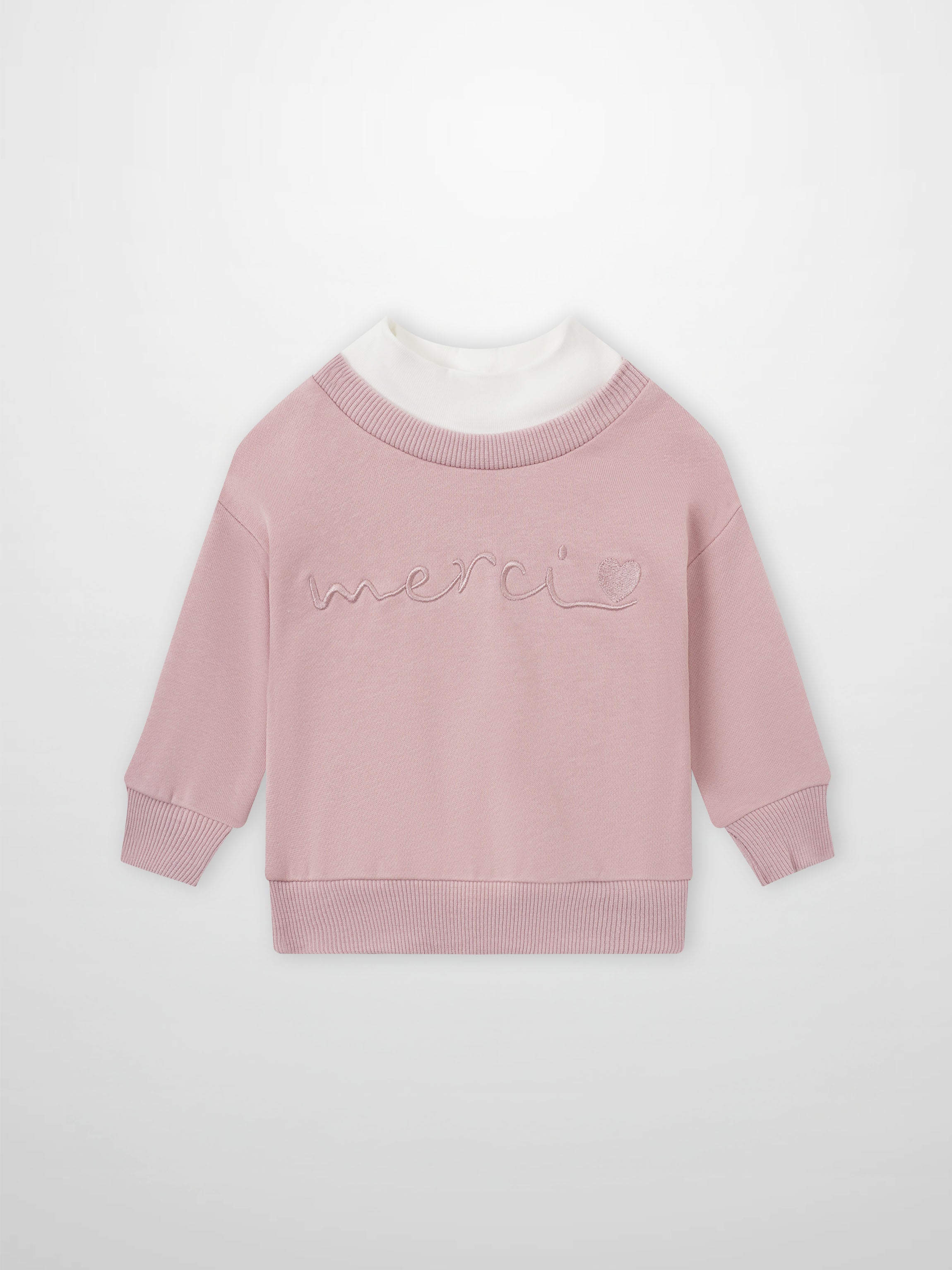 Contrast pink mock-neck sweatshirt for girls by Adee, with white collar and embroidered merci motif.