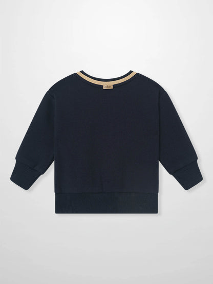 Adee Embroidered Jet Sweatshirt for boys, navy with beige ribbed collar trim and cuffs.
