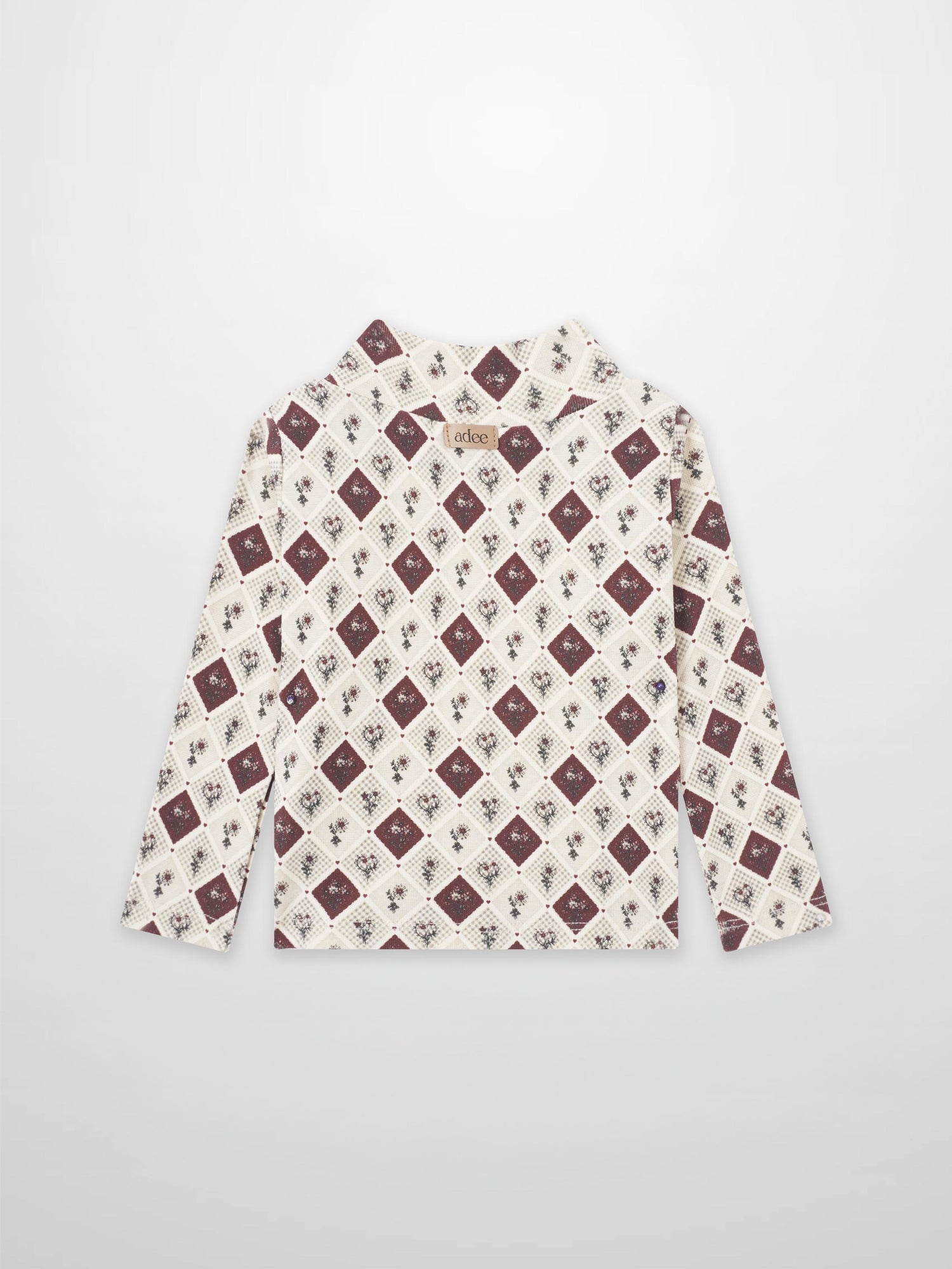 Mosaic Floral Mock Neck T‑Shirt, Adee girls top in cream with burgundy diamond lattice pattern
