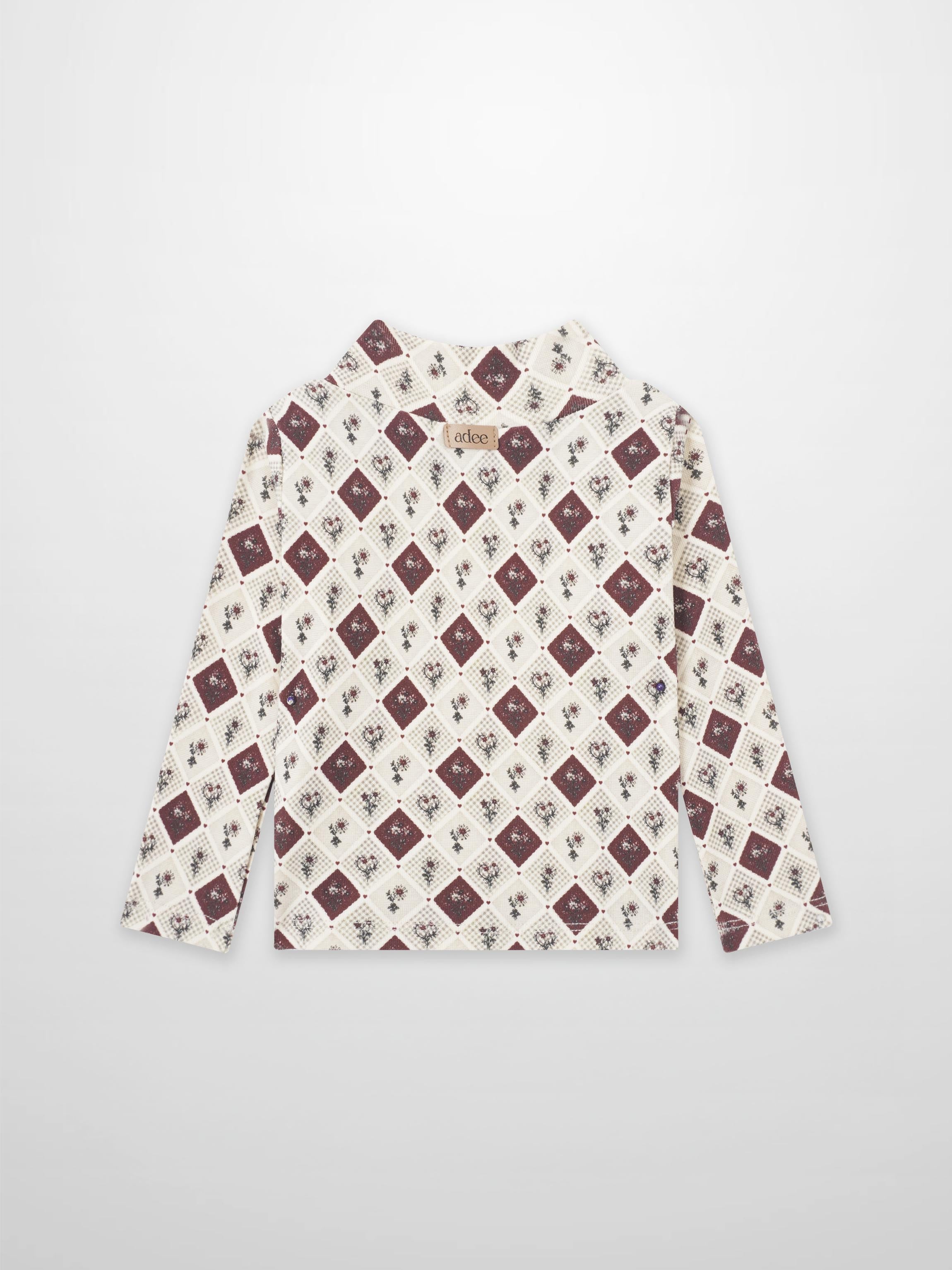 Mosaic Floral Mock Neck T‑Shirt, Adee girls top in cream with burgundy diamond lattice pattern