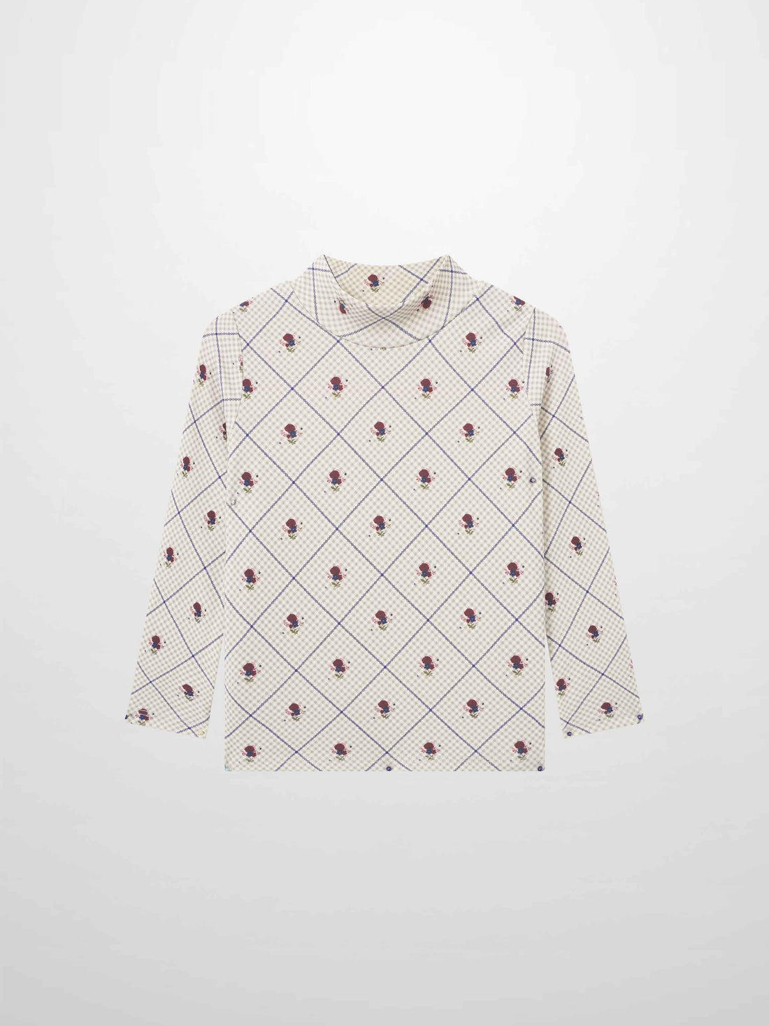 Cottage Rose Mock Neck T‑Shirt, beige grid pattern with tiny red roses