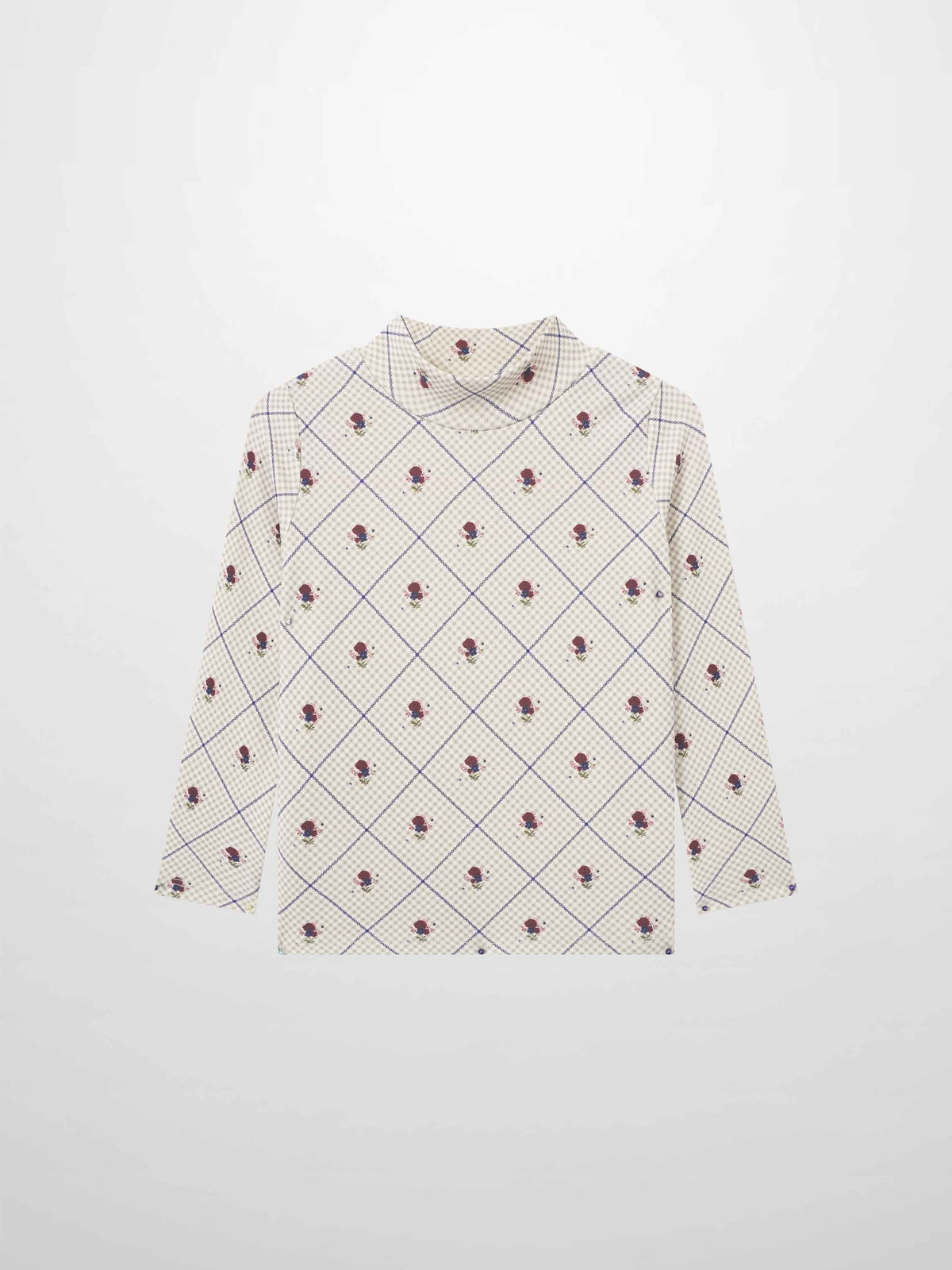 Cottage Rose Mock Neck T‑Shirt, beige grid pattern with tiny red roses