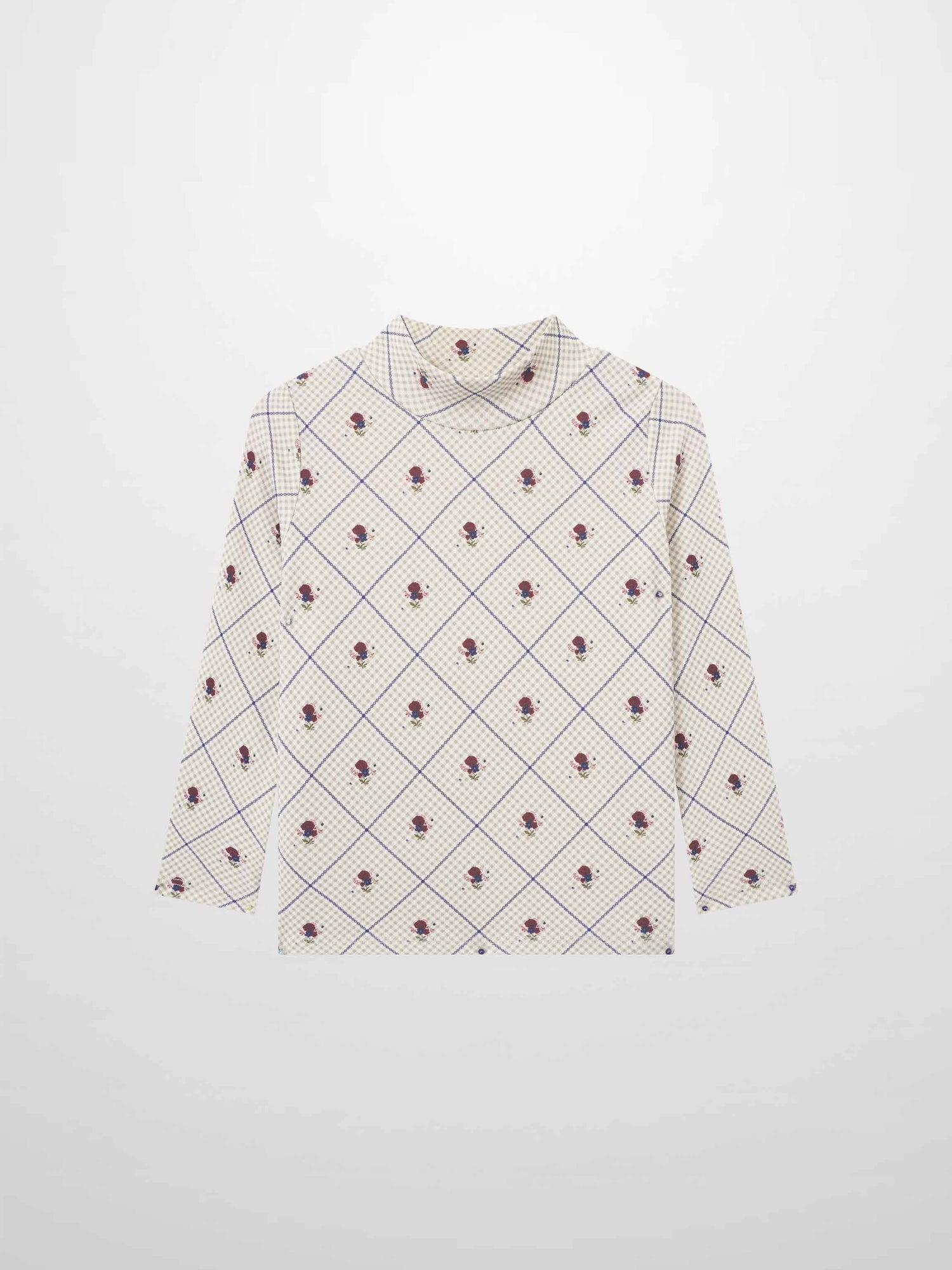 Cottage Rose Mock Neck T‑Shirt, beige grid pattern with tiny red roses
