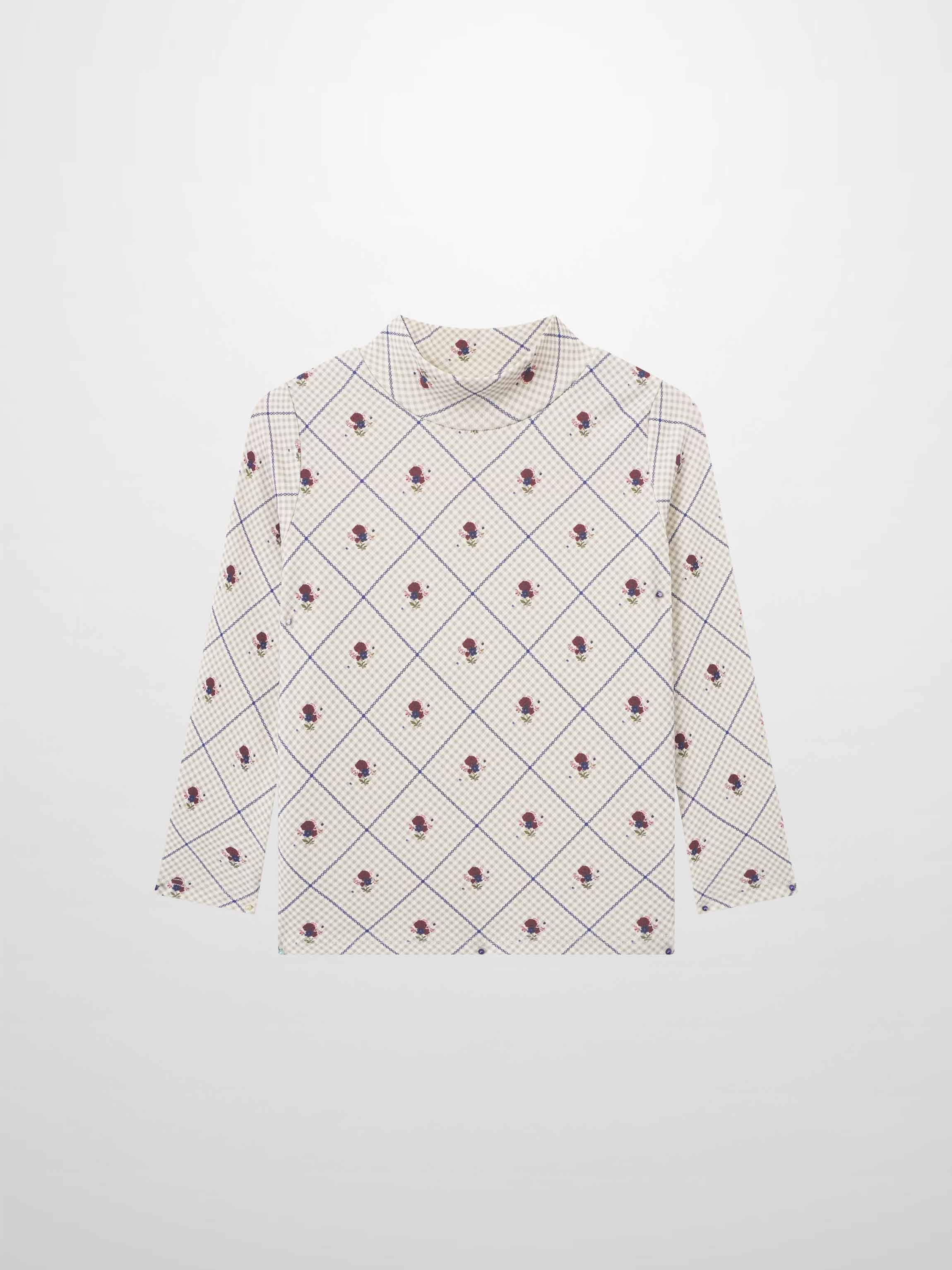 Cottage Rose Mock Neck T‑Shirt, beige grid pattern with tiny red roses