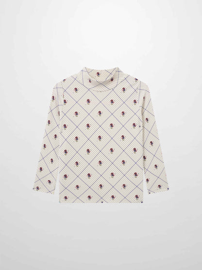 Cottage Rose Mock Neck T‑Shirt, beige grid pattern with tiny red roses