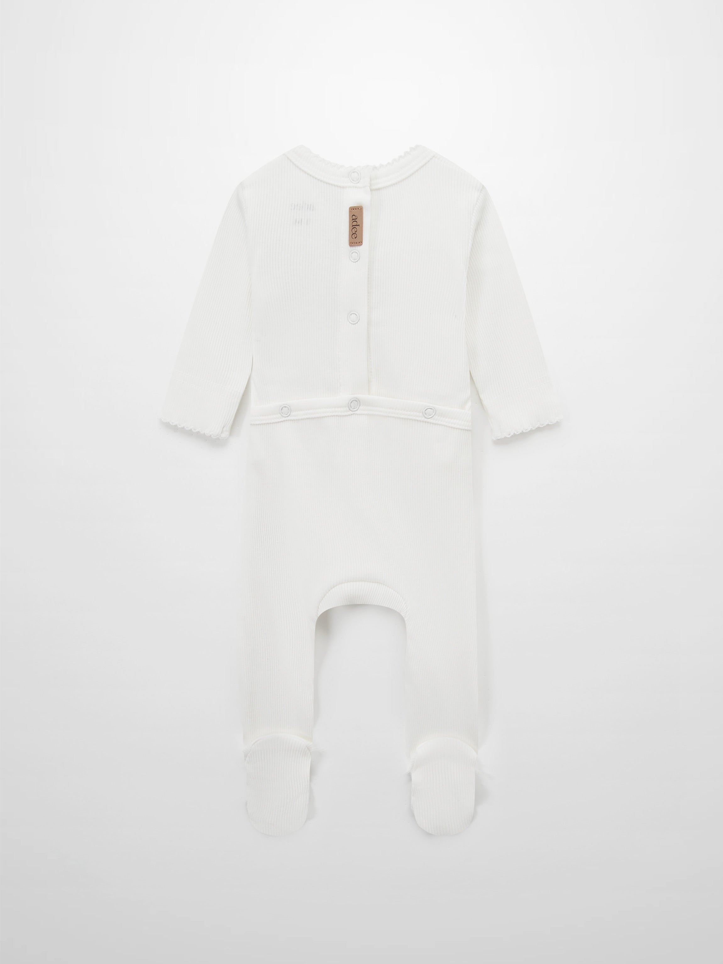 Pink Balloon Stretchy With Lace by Adee; white ribbed girls stretchies footed romper with back buttons