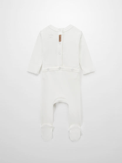 Pink Balloon Stretchy With Lace by Adee; white ribbed girls stretchies footed romper with back buttons