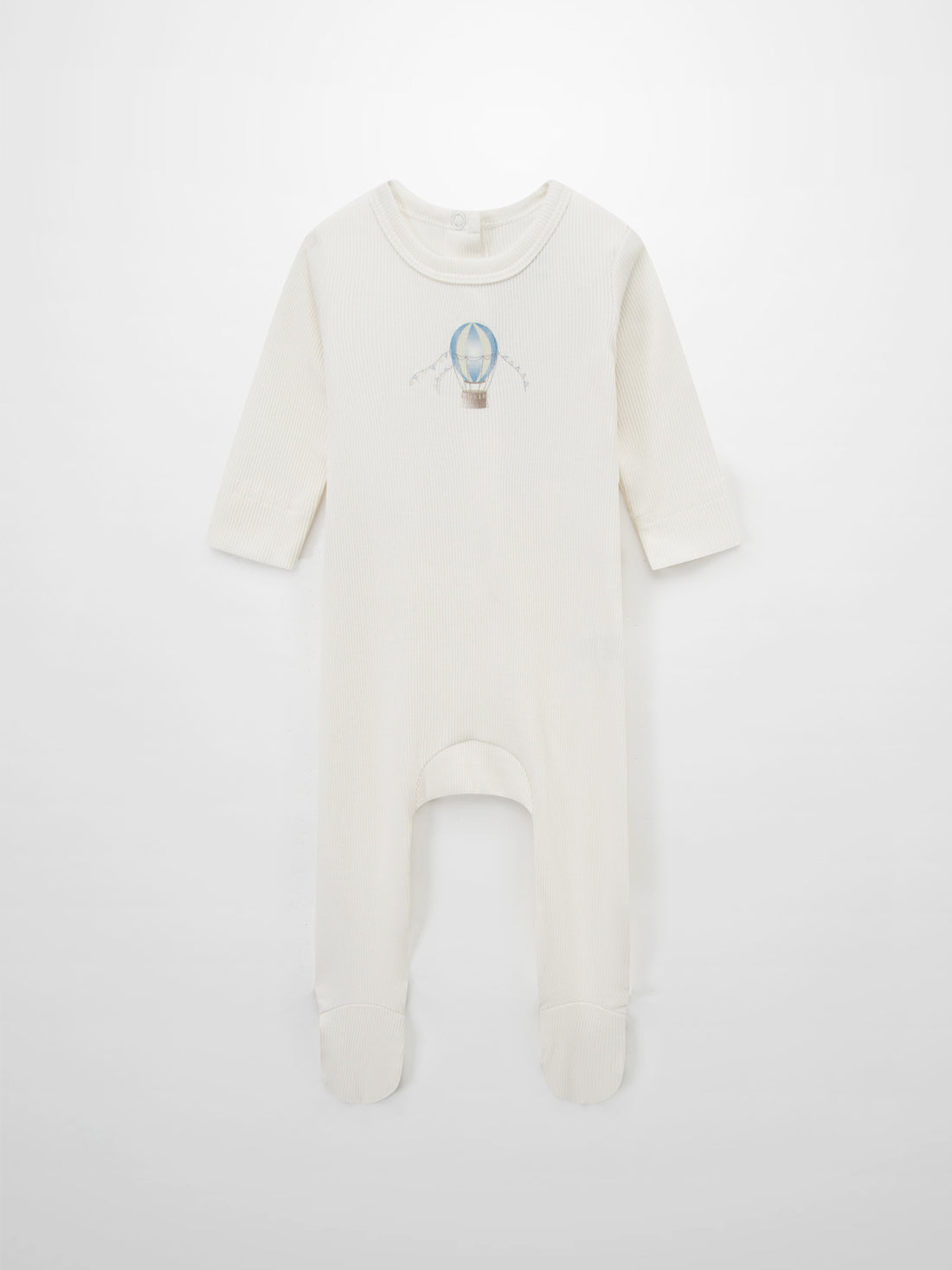 Blue Balloon Stretchy romper; cream ribbed fabric with footed long-sleeve design.